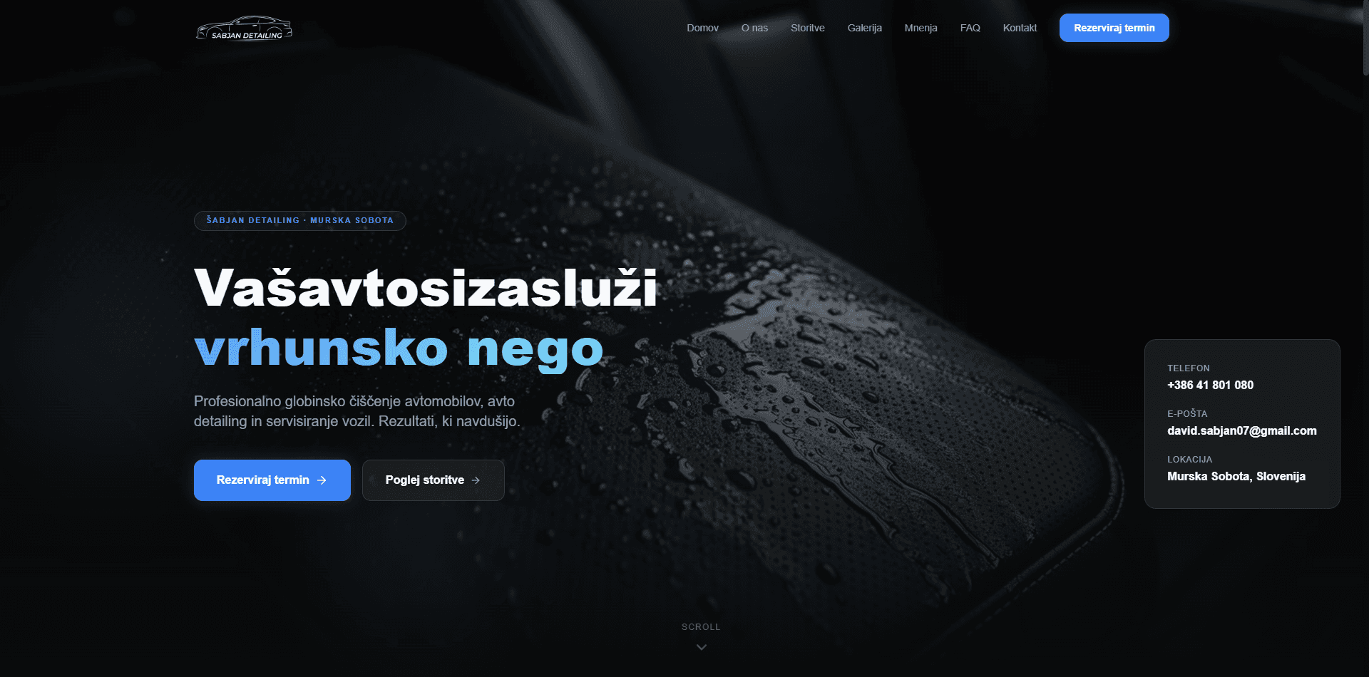 Spletna stran Sabjan Detailing s predstavitvijo storitev avtokozmetike in detailinga
